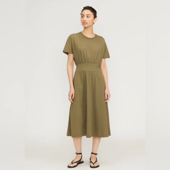Everlane The Organic Cotton Waisted Dress Olive color Midi , size Small - Picture 6 of 11
